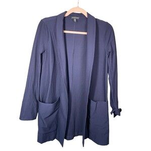Eileen Fisher Navy‎ Blue Stretch Pockets Open  Front Long Blazer Cardigan Sz XS